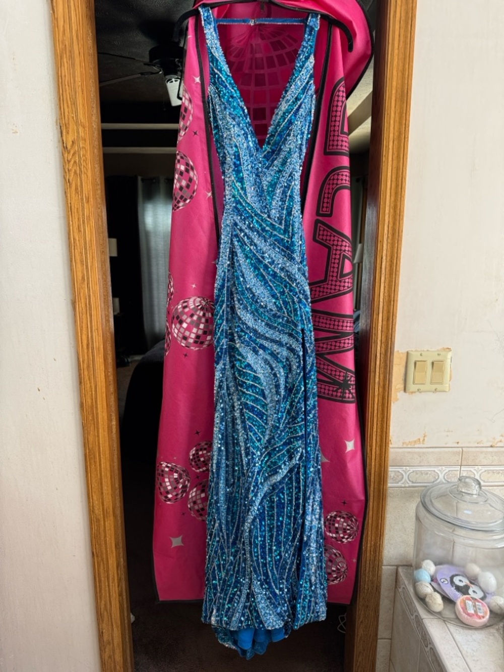 Jovani Teal and Blue Sequined V-Neck Prom Gown